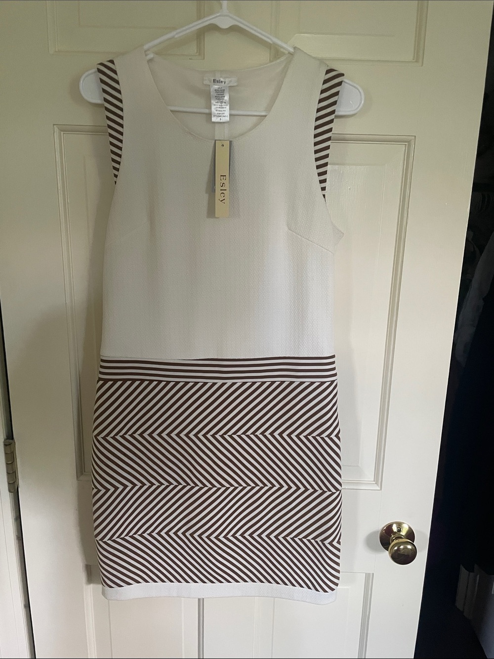 Esley White and Brown Striped Chevron Mini Dress
